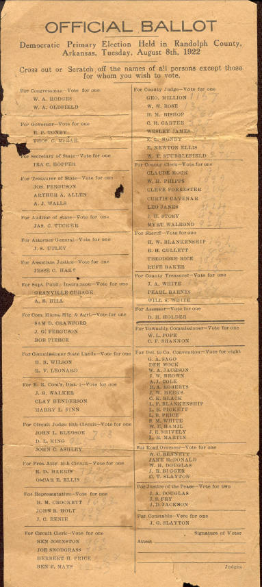 1922 Democratic Primary Election Ballot