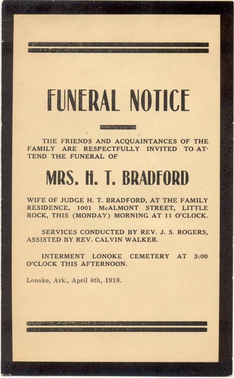 Funeral Announcement for Mrs. H.T. Bradford