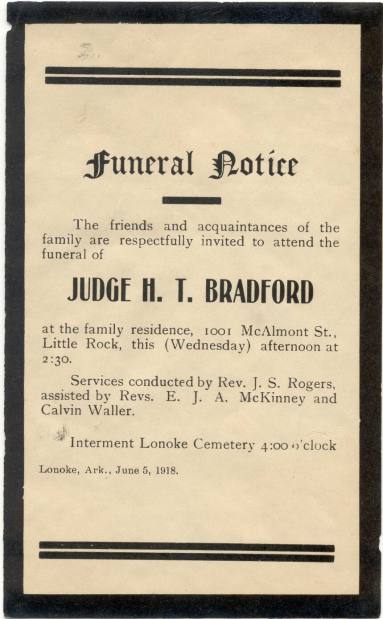 Funeral Announcement for Judge H.T. Bradford