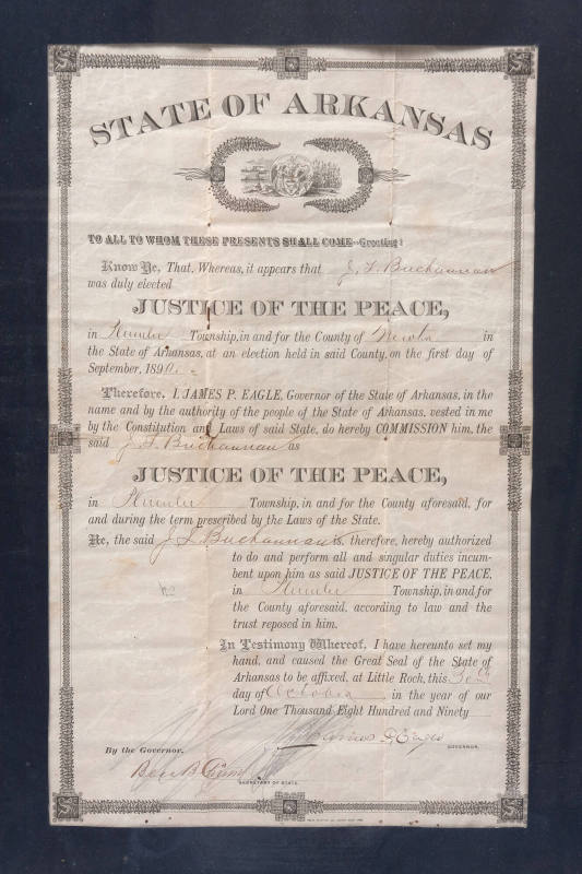 Certificate, Justice of the Peace Commission - Governor Eagle