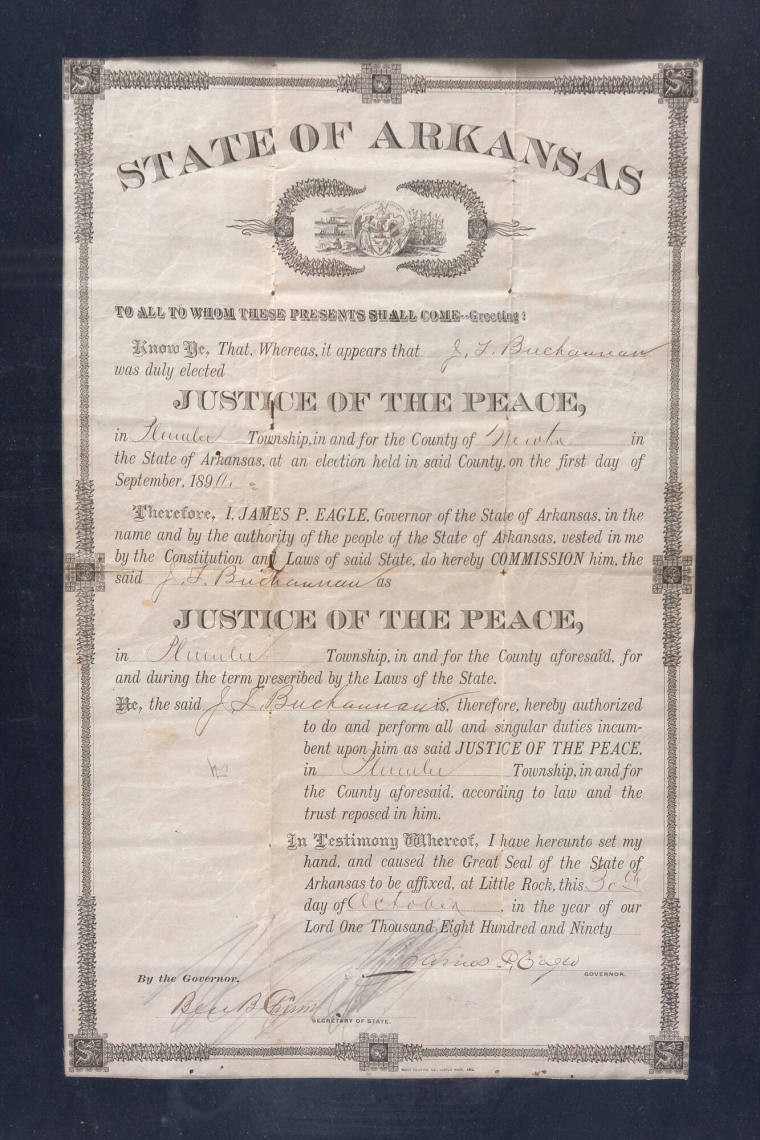 Certificate, Justice of the Peace Commission - Governor Eagle