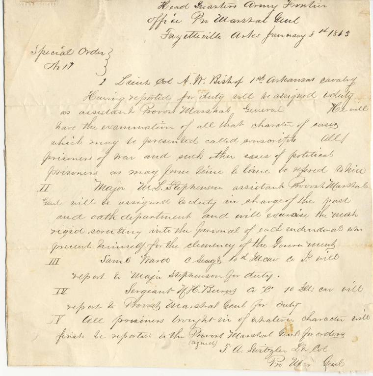 Civil War military orders from Lt. Col. Surtizler