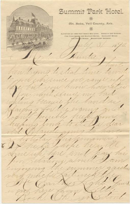 Letter & Envelope from Summit Park Hotel in Mt. Nebo, Ark.