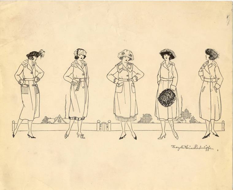 Pen & Ink Drawing of 5 Women Modeling Clothes