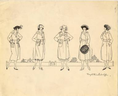 Pen & Ink Drawing of 5 Women Modeling Clothes