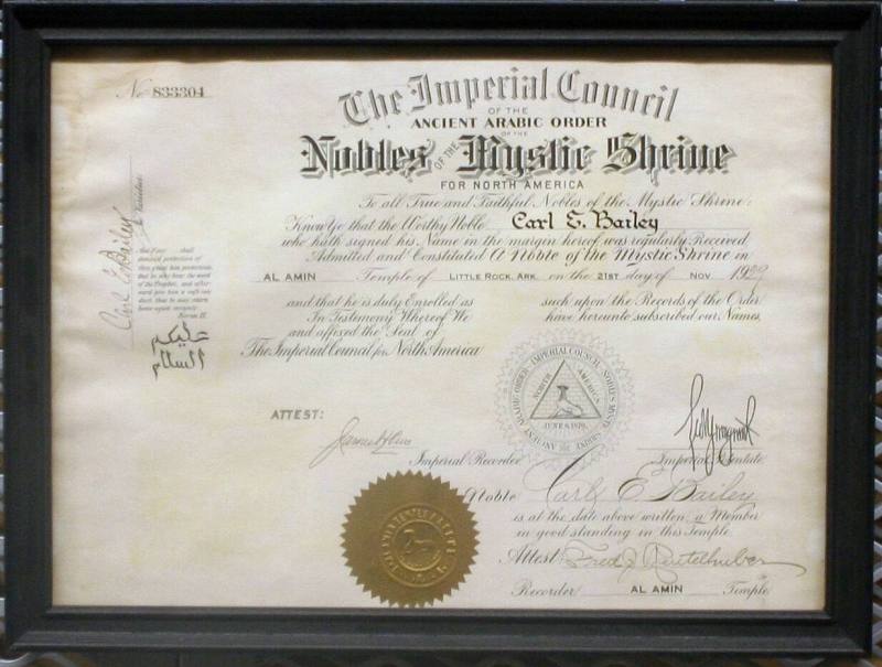 Carl Bailey's Shriner Membership Certificate