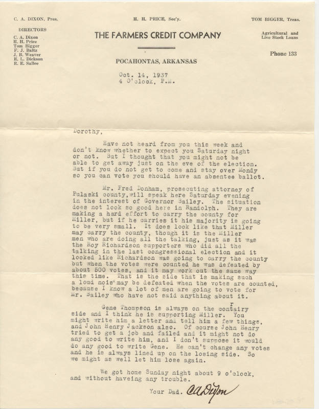 Letter to Dorothy Dixon from C.A. Dixon