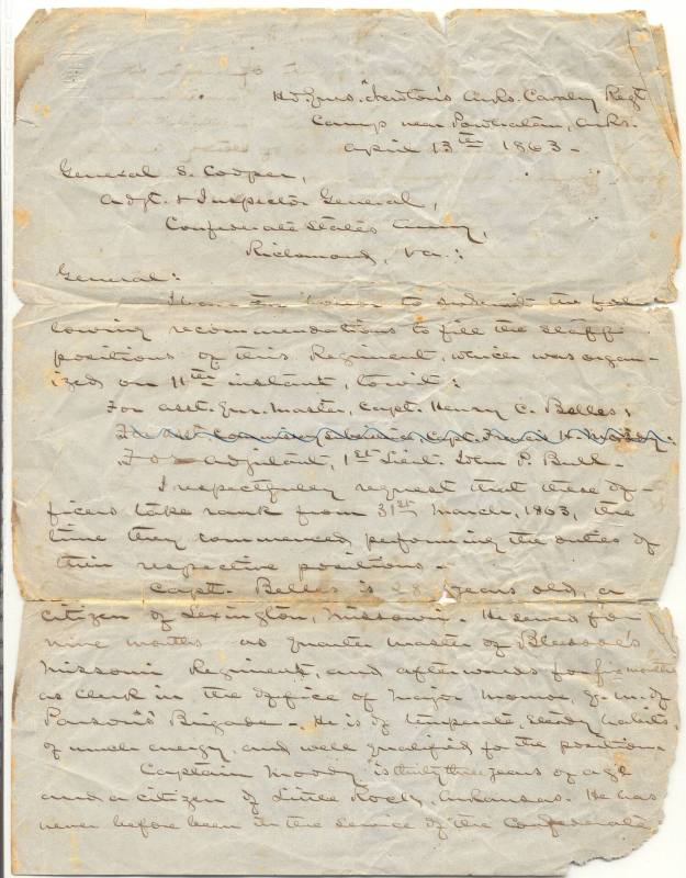 Civil War Letter to General S. Cooper