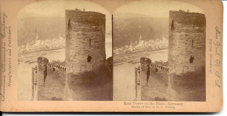 Stereoview of Katz Tower on the Rhine River in Germany