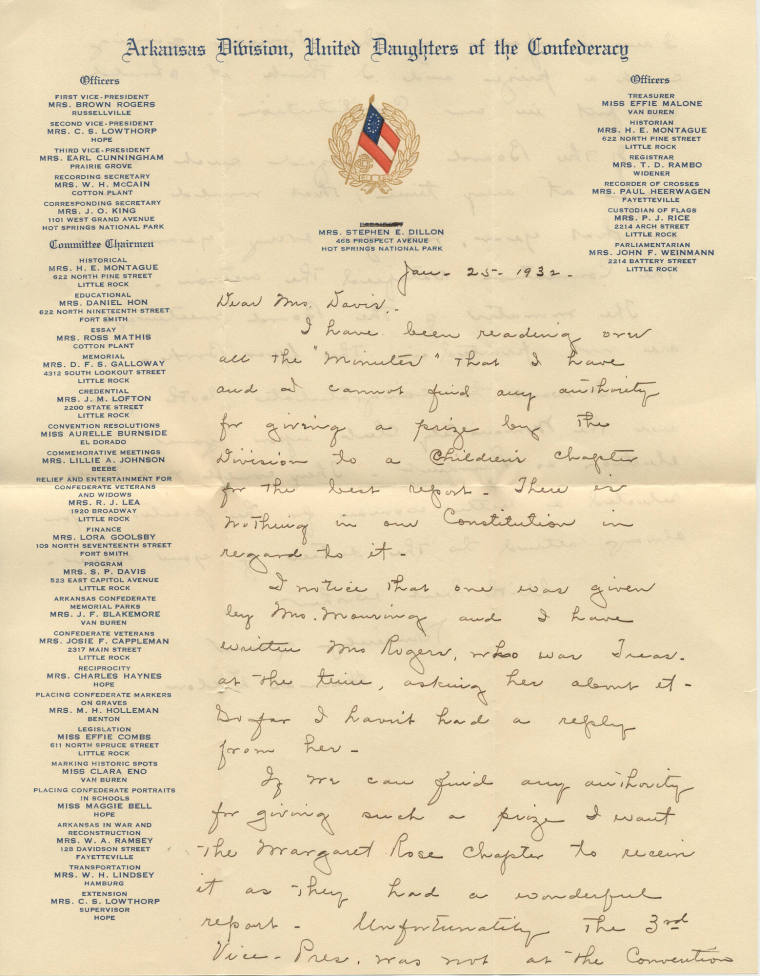 1932 U.D.C. Letter, Hot Springs Chapter