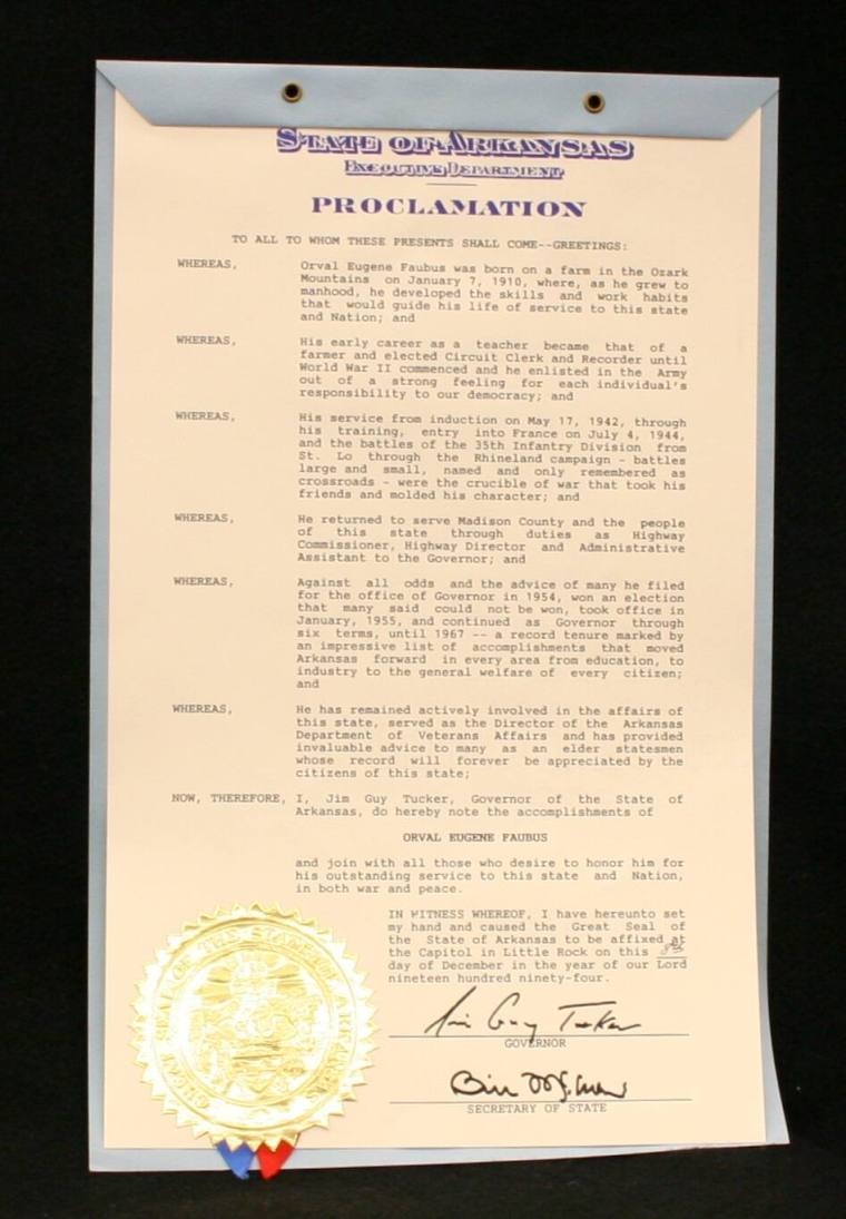 Jim Guy Tucker proclamation to Faubus