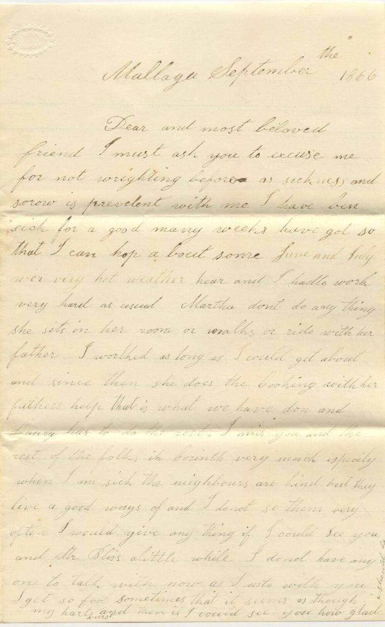 Letter, from Mary Haley to Mrs. William Bliss