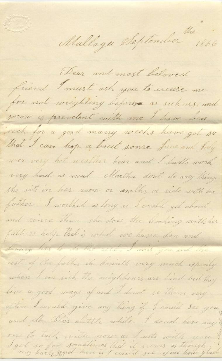 Letter, from Mary Haley to Mrs. William Bliss