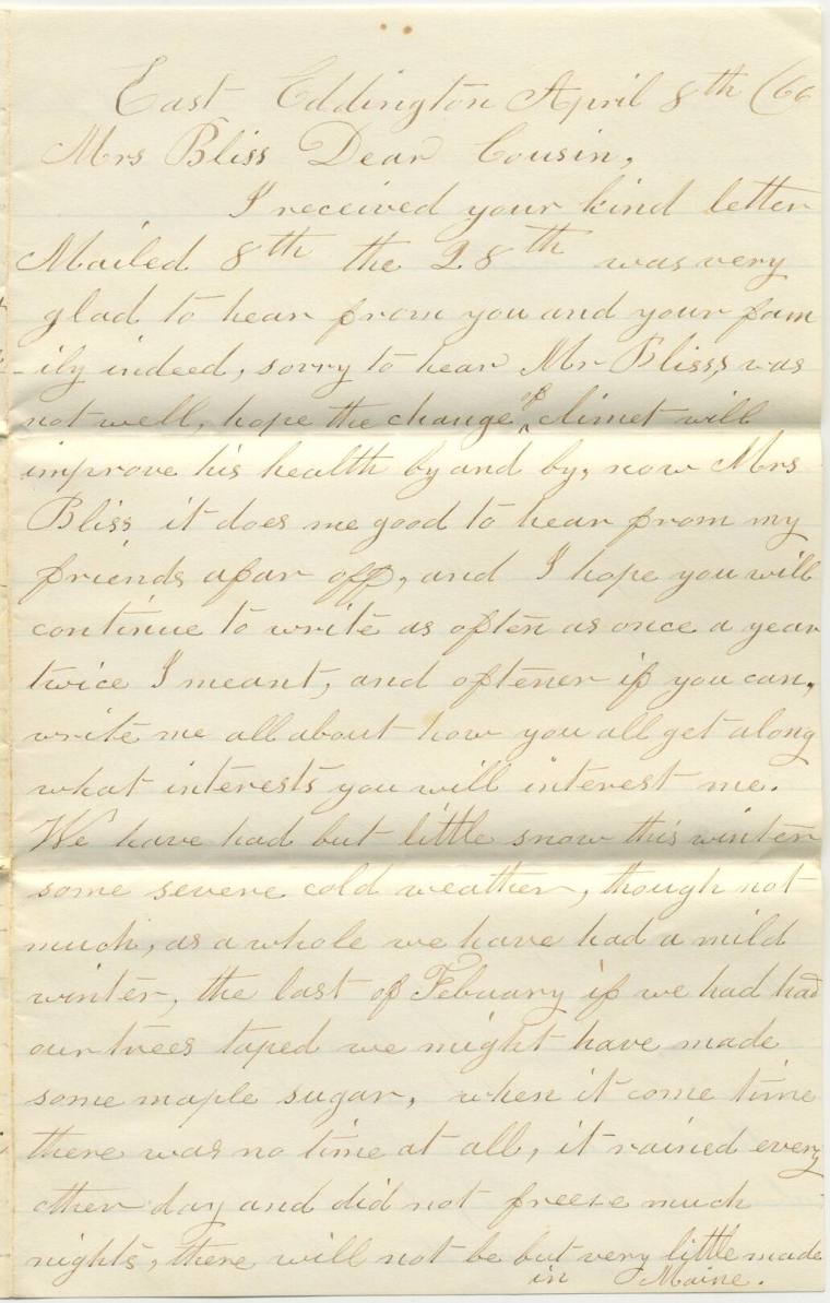 Letter, from Delia Cummins to Mrs. Bliss