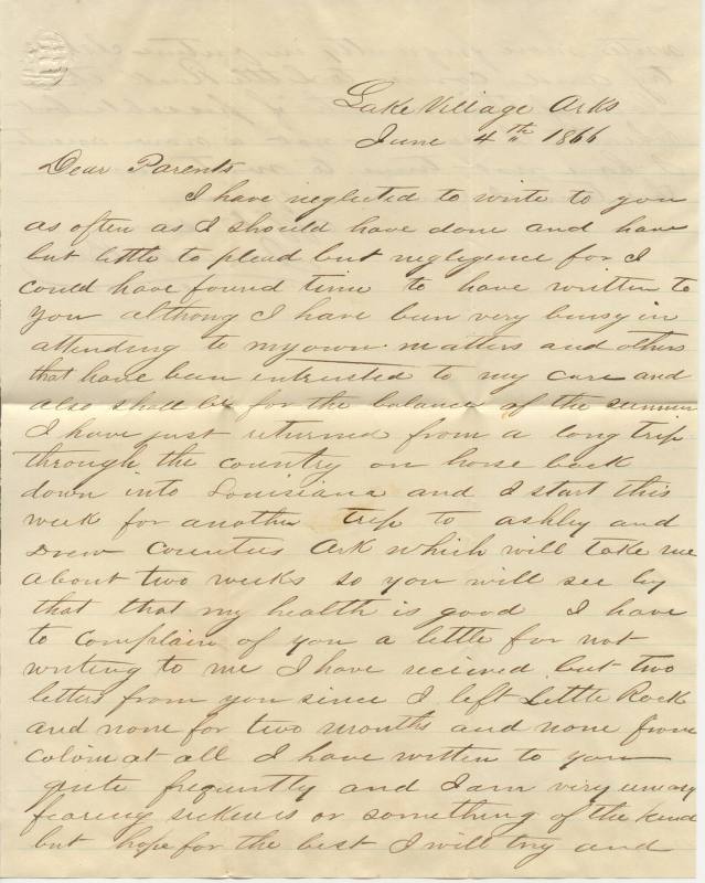 Letter, from James M. Bliss to his parents