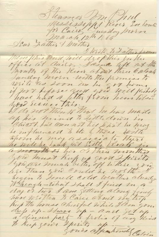 Letter, Calvin Bliss to his parents