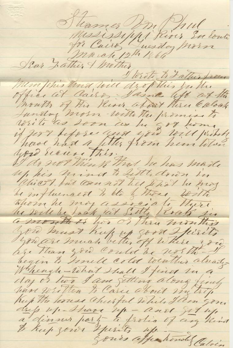 Letter, Calvin Bliss to his parents