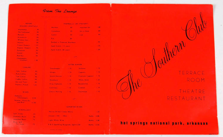 Menu, The Southern Club in Hot Springs