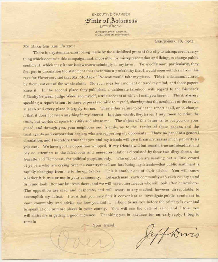 Letter, Jeff Davis