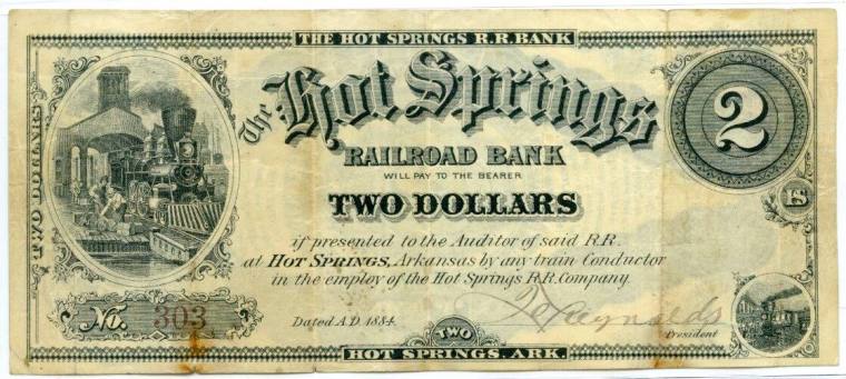 Scrip, Hot Springs Railroad Bank - Two Dollar Note