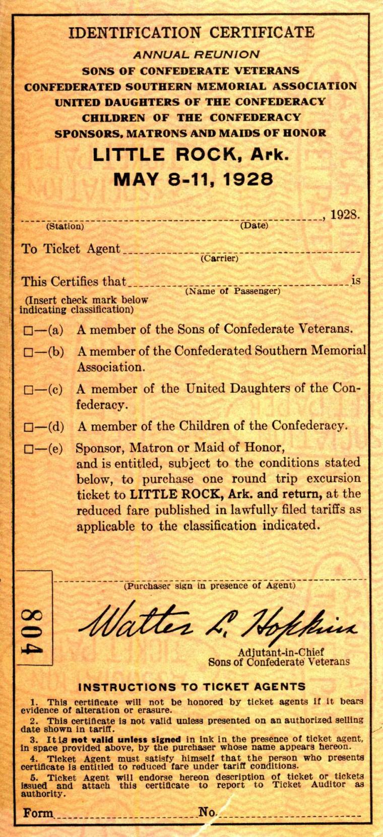 Ticket, Train - 1928 U.C.V. Reunion in Little Rock