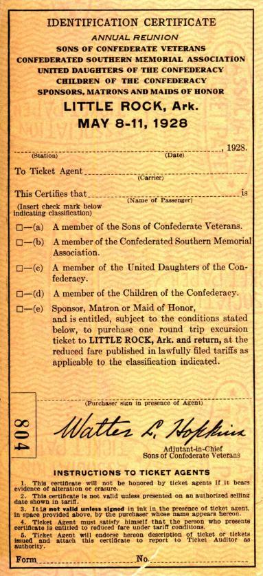 Ticket, Train - 1928 U.C.V. Reunion in Little Rock