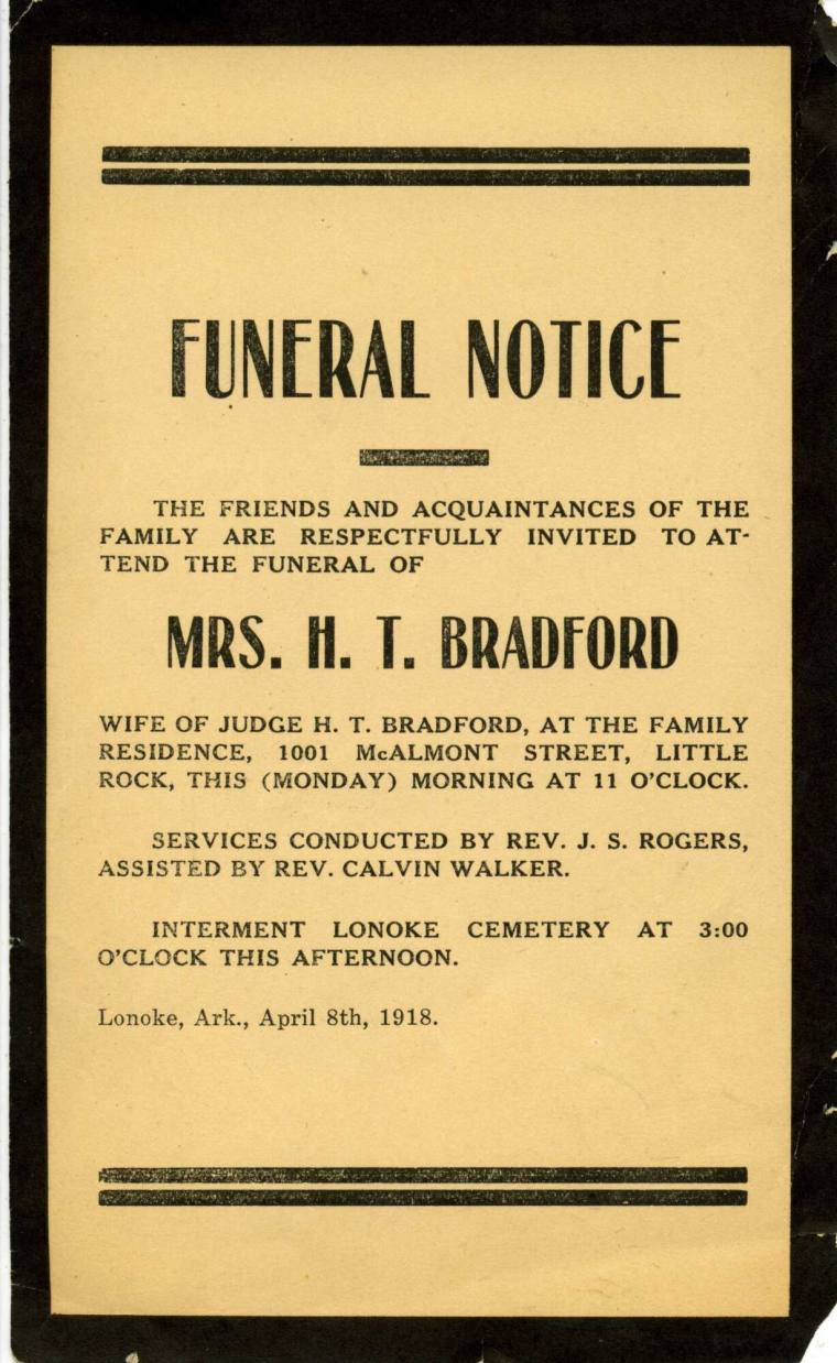 Notice, Funeral - Mrs. H.T. Bradford