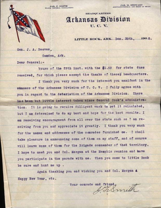 Letter, J.F. Smith to J.A. Reeves