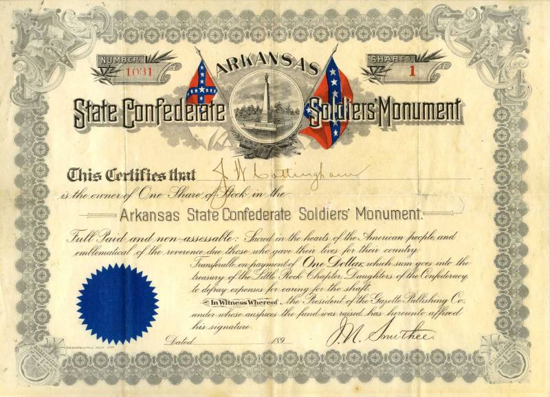 Certificate, Stock - State Confederate Soldier's Monument