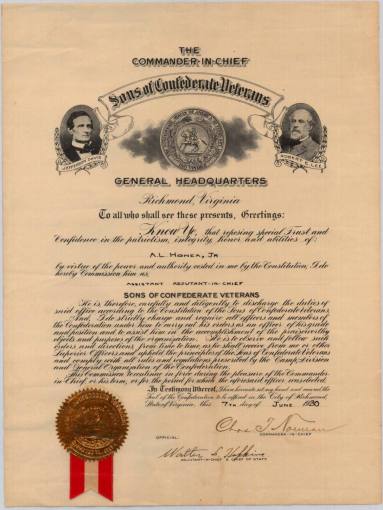 Certificate, S.C.V. Assistant Adjutant in Chief - A.S Honea