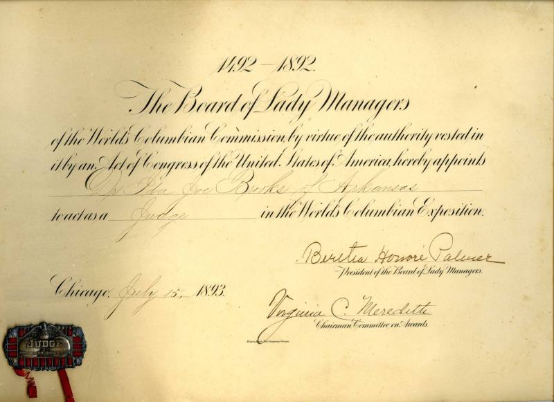 Certificate, Dr. Ida Jo Brooks (Columbia Exposition)