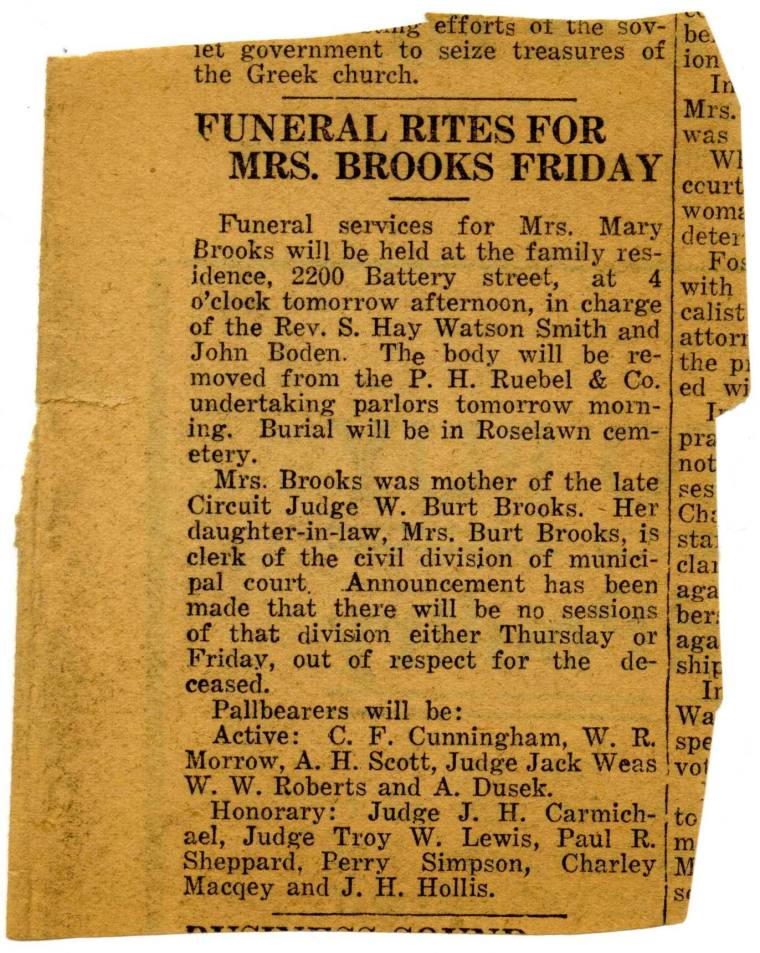 Article, Newspaper - Mary Burt Brooks' Funeral Notice