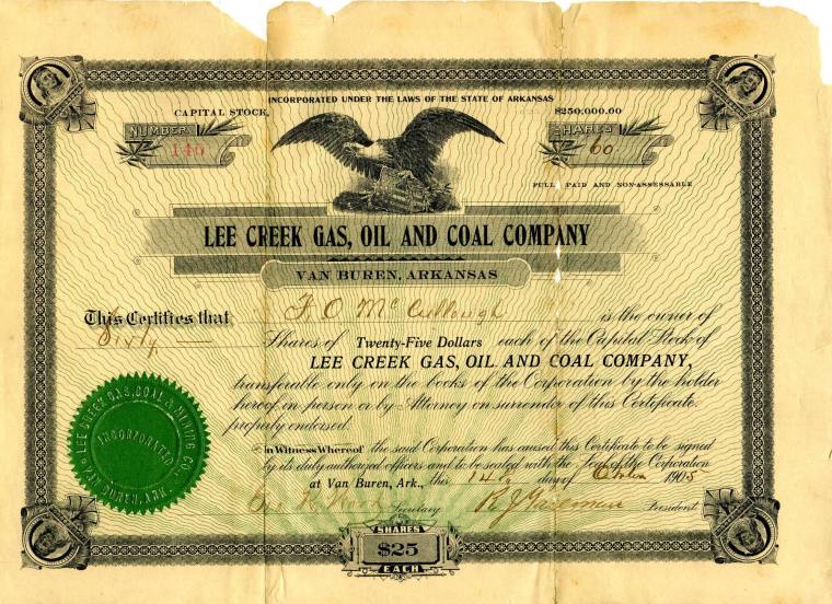 Certificate, Stock - Lee Creek Gas Oil, & Coal Co.