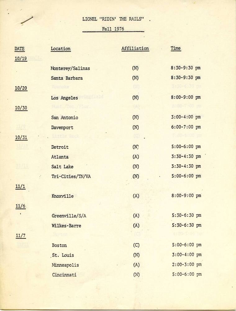 Schedule, Lionel Trains' "Ridin the Rails" with Johnny Cash