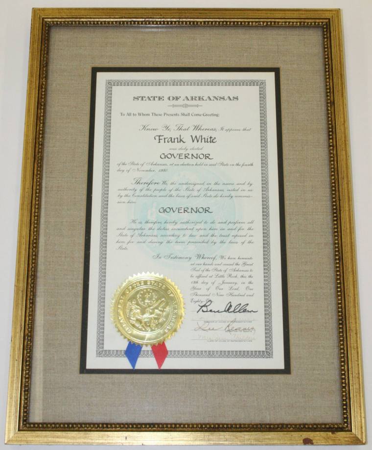 Certificate, Governor Frank White