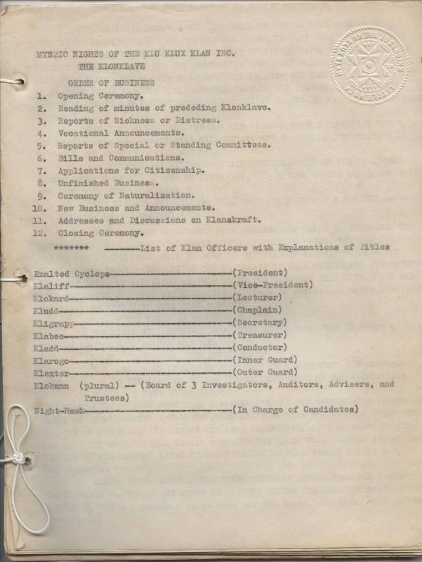 Document, Ku Klux Klan meeting agenda