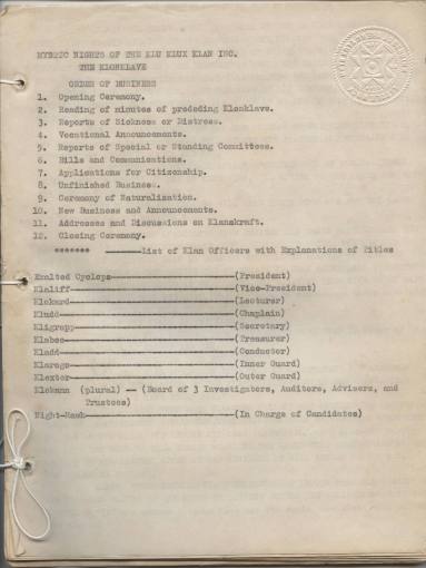 Document, Ku Klux Klan meeting agenda