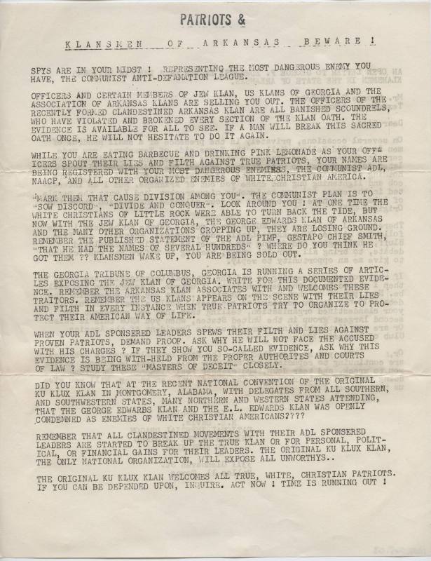 Letter, Ku Klux Klan