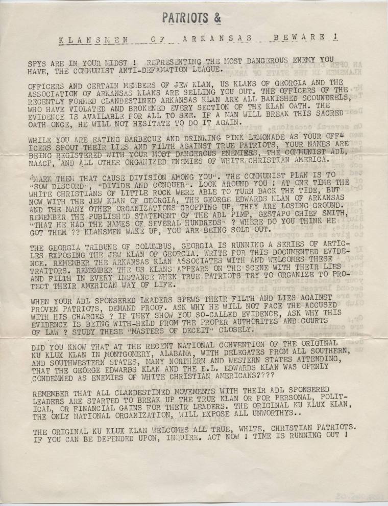 Letter, Ku Klux Klan