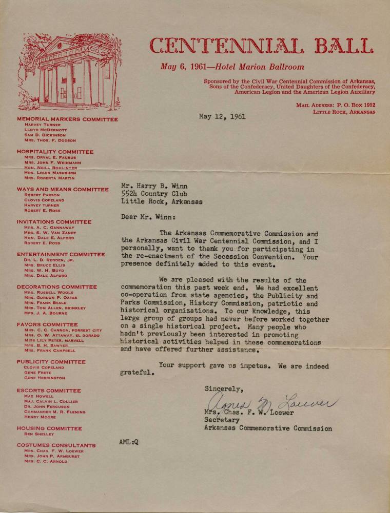 Letter, 1961 Civil War Centennial Ball