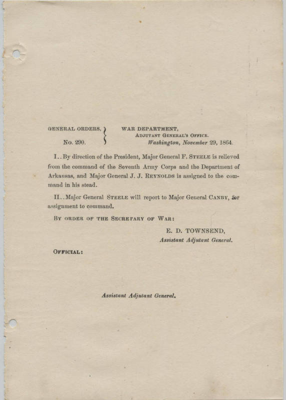 Document, General Orders Relieving Frederick Steele