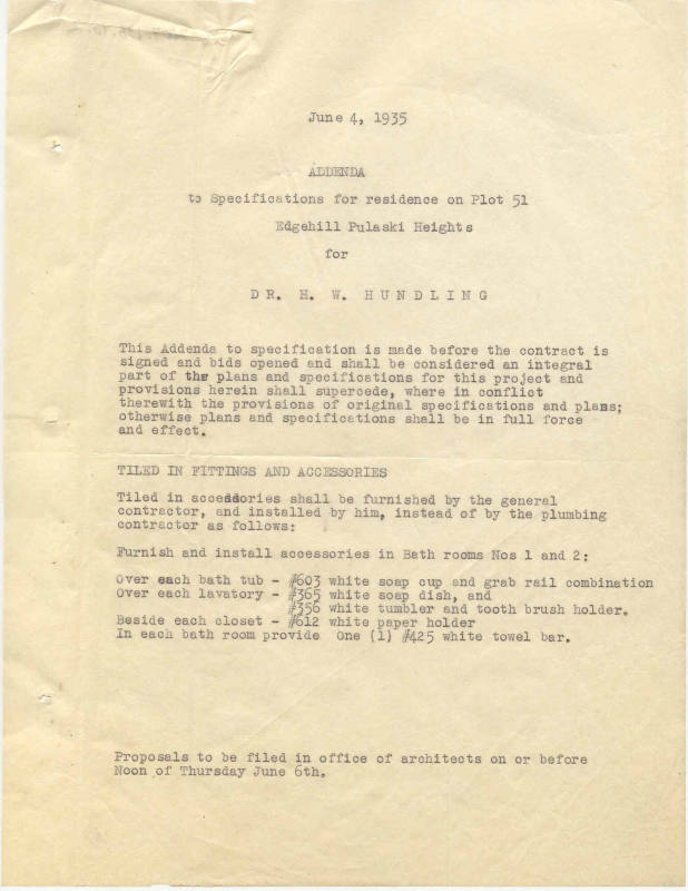 Charles Thompson Work Specifications - H.W. Hundling, Little Rock