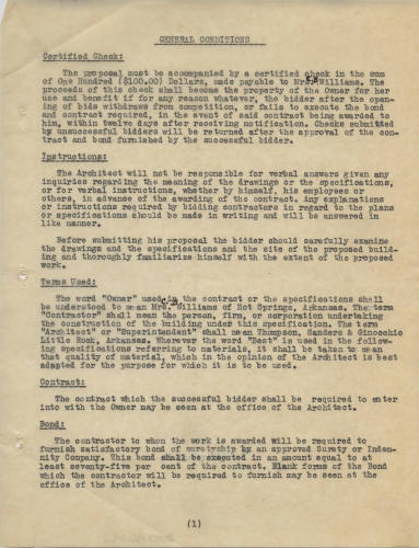 Charles Thompson Work Specifications - Mrs. Williams, Hot Springs