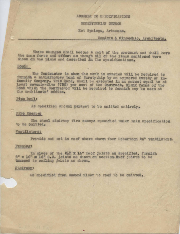 Work Specifications, Thompson - 1st Presb. Church, Hot Springs