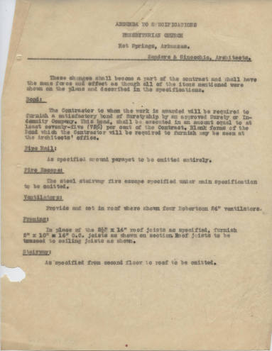 Work Specifications, Thompson - 1st Presb. Church, Hot Springs