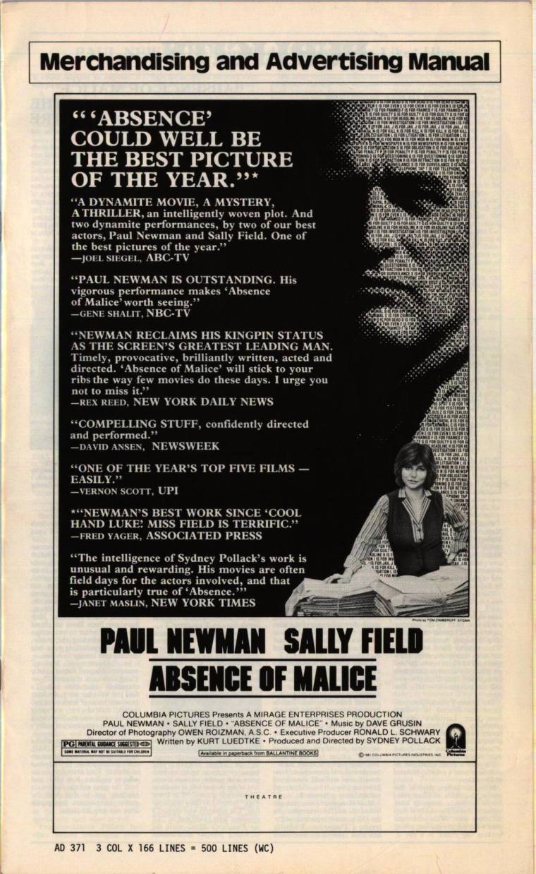 Press Book, "Absence of Malice" starring Melinda Dillon