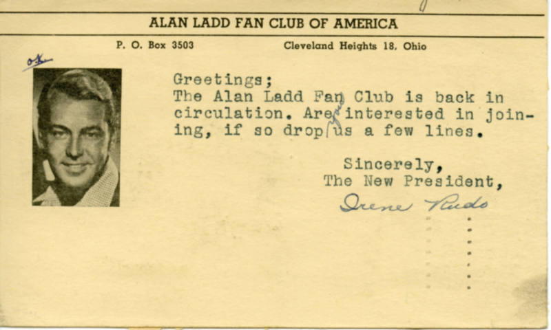 Card, Mail Out - Alan Ladd Fan Club