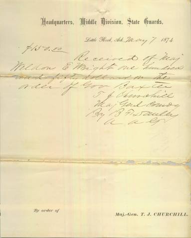 Letter, Correspondence - Receipt of $150 Paid to Churchill, May 1874