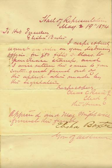Letter, Correspondence - To Elisha Baxter, May 1874