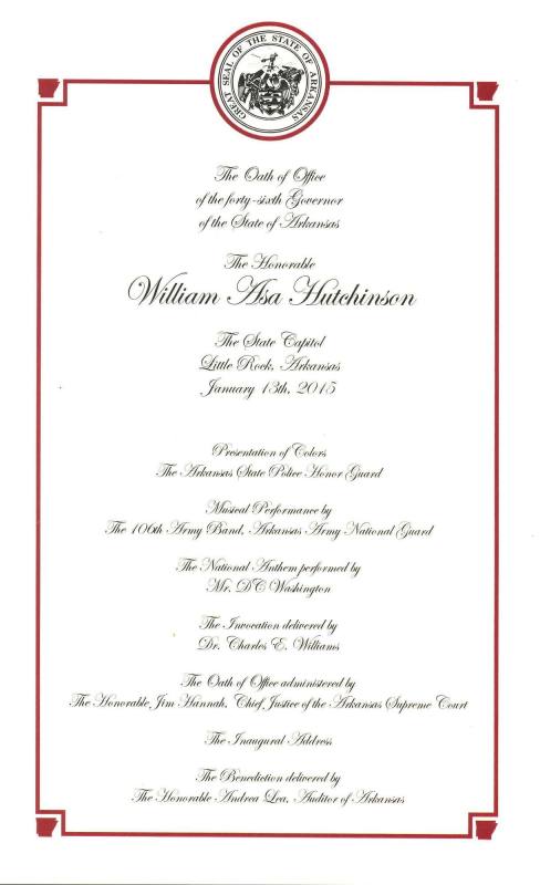 Itinerary, Inaugural - Governor Asa Hutchinson